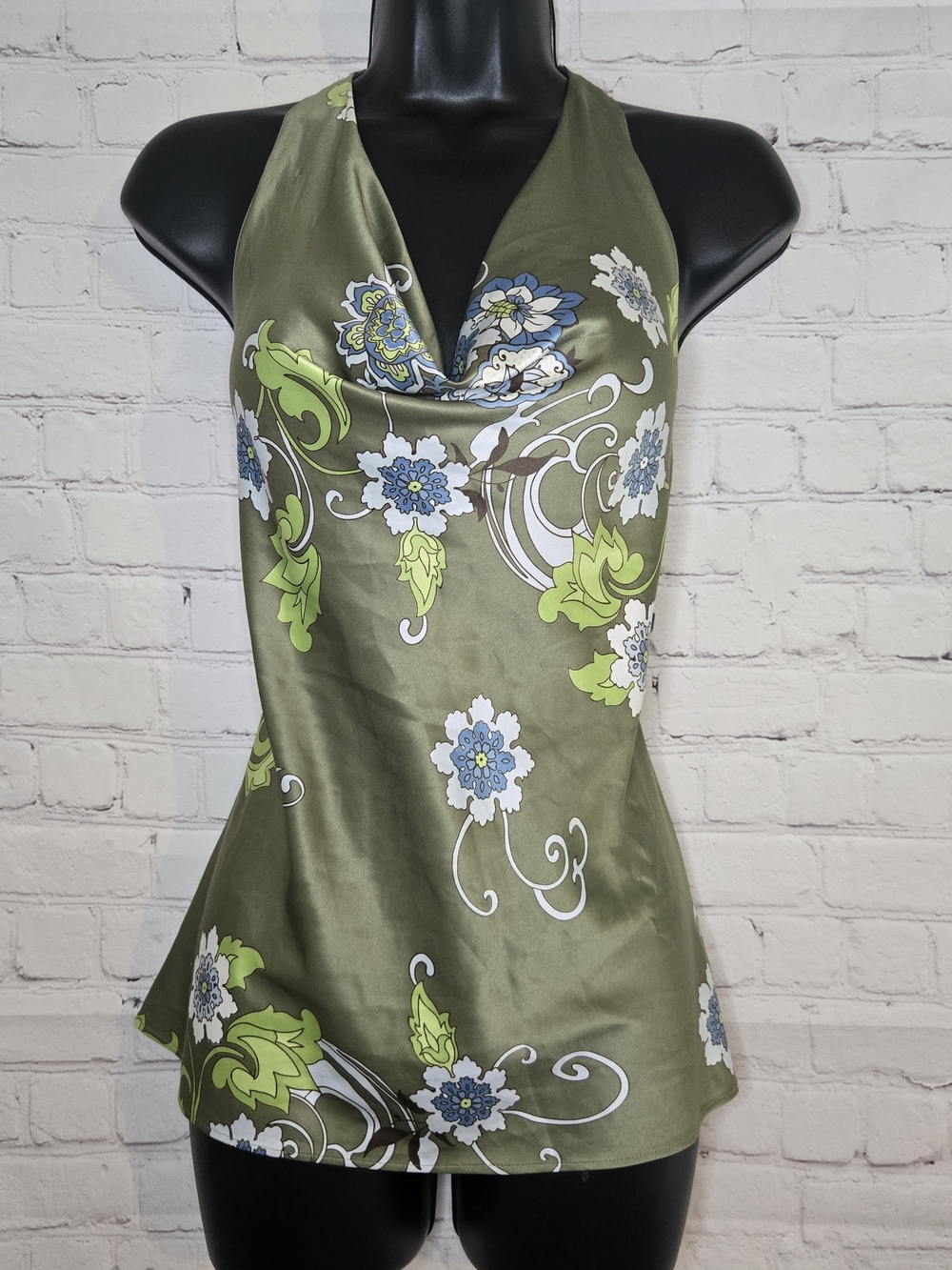 Olive Green Floral Halter Cowl Neck Top Y2k Ann Taylor Satin Sz 8